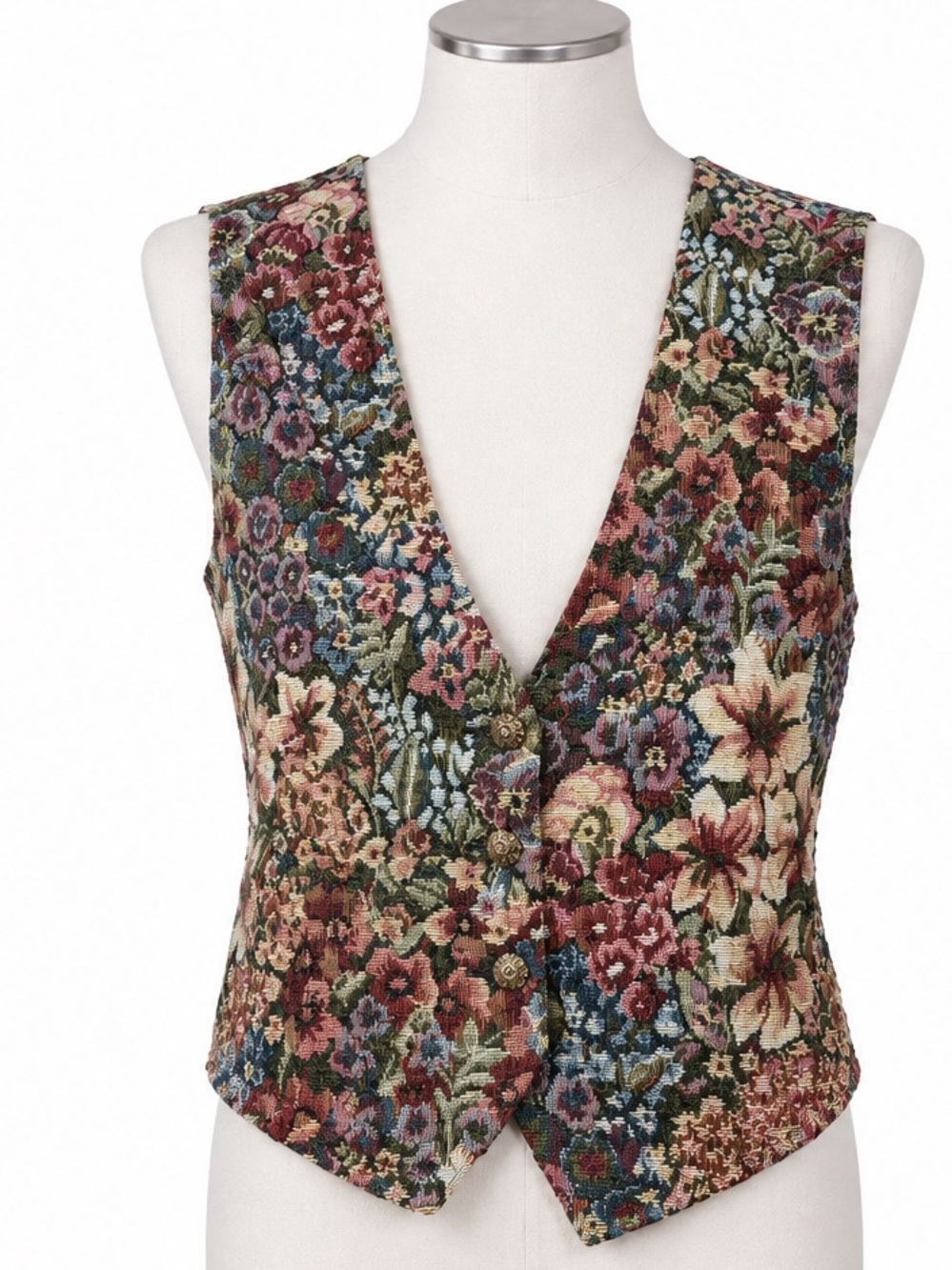 Backroads Blues Floral Tapestry Vest Cottagecore Tie Back Cotton Blend Women’s M - Picture 2 of 7